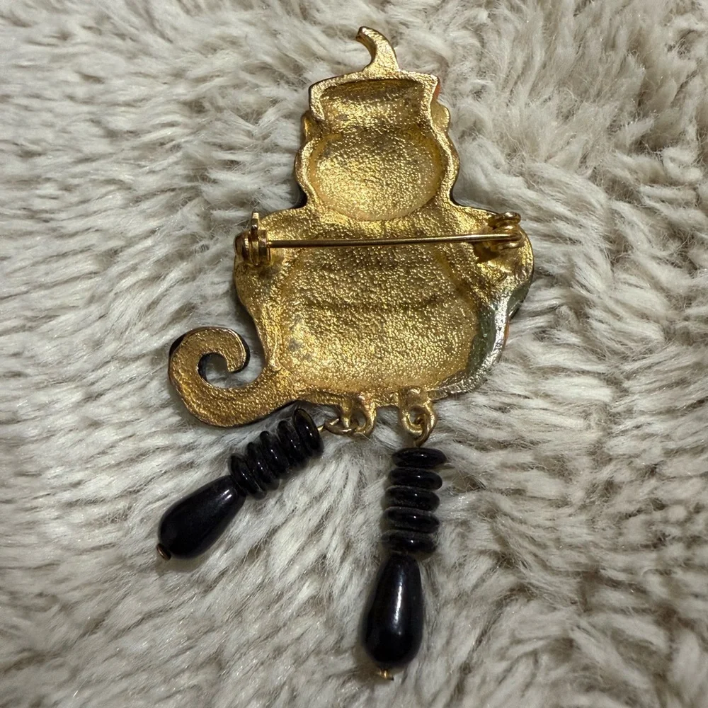 Vintage Black Cat Pumpkin‎ Pin Brooch Halloween Orange Enamel Dangle 1980s